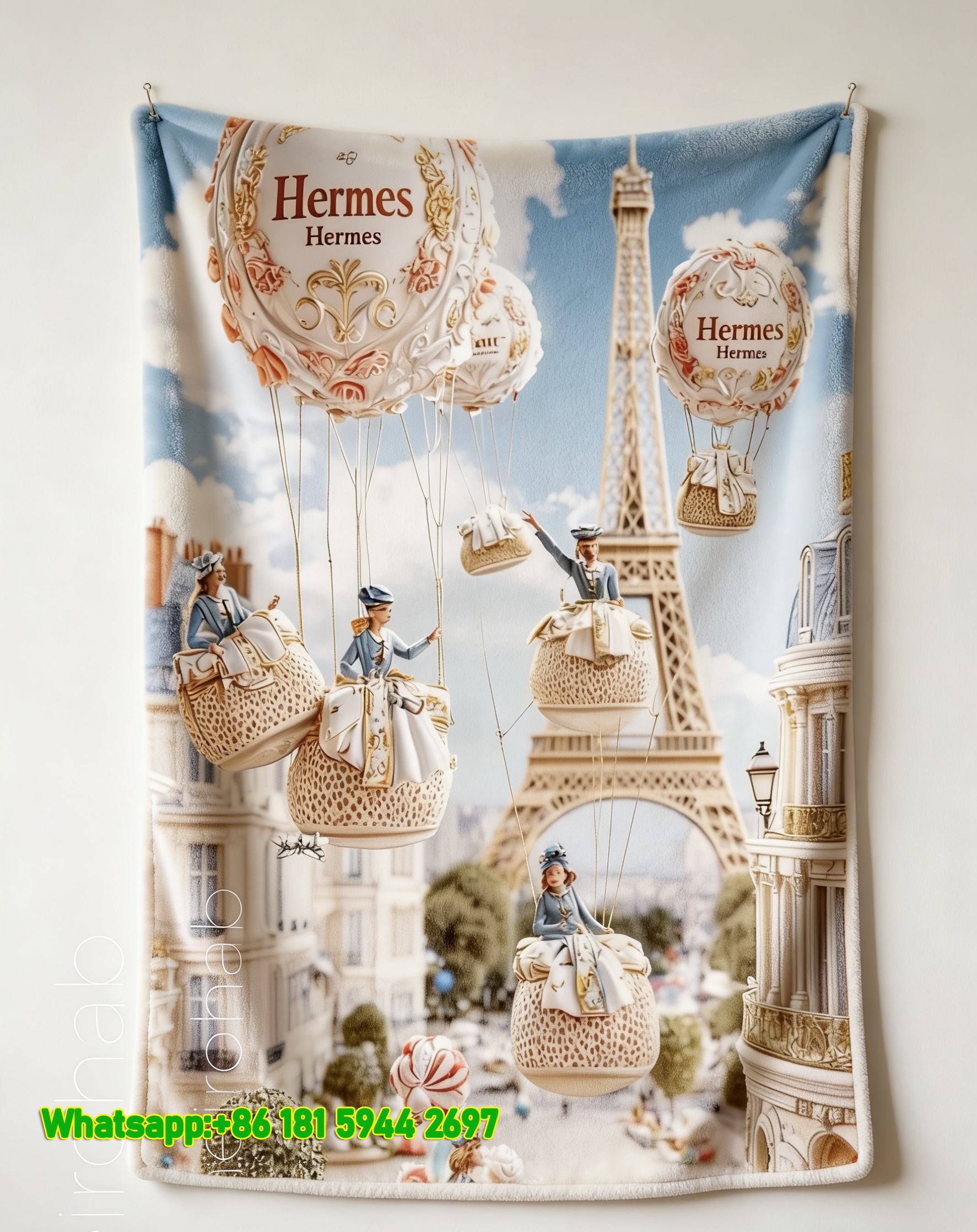 Luxury Hermès Paris Hot Air Balloon Print Flannel Throw Blankets IMG_5192
